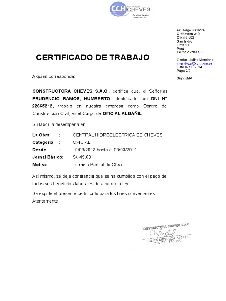 Modelo De Certificado De Trabajo En Word
