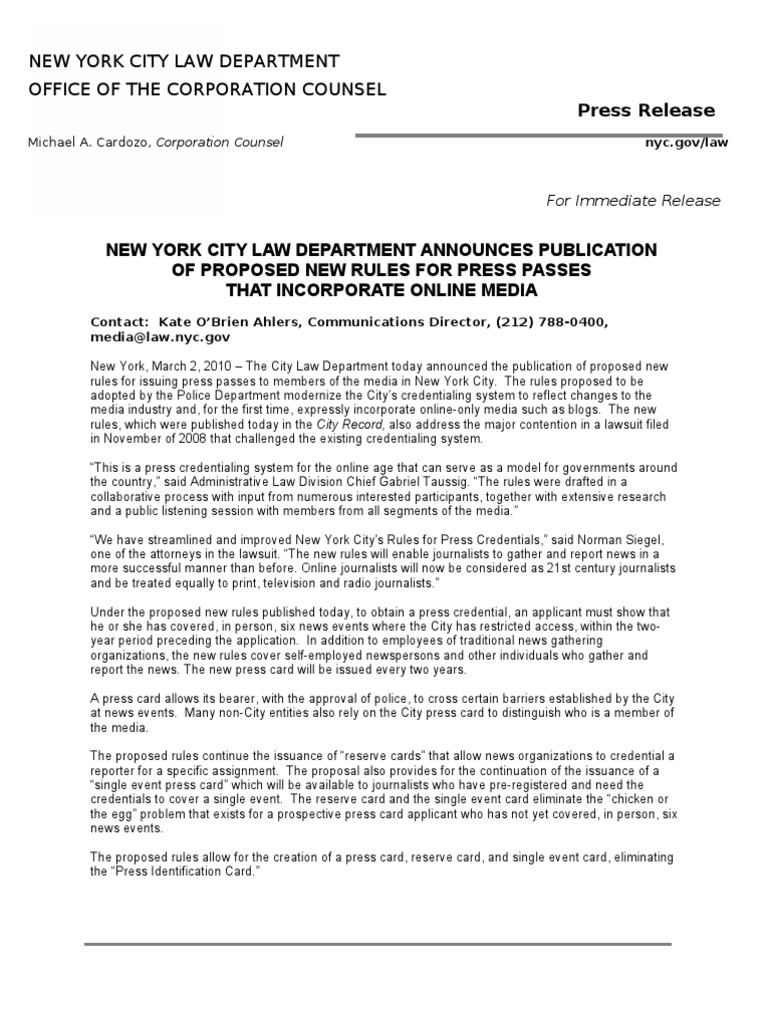 New York City Law Department Office Of | Law Firm | Mass Media