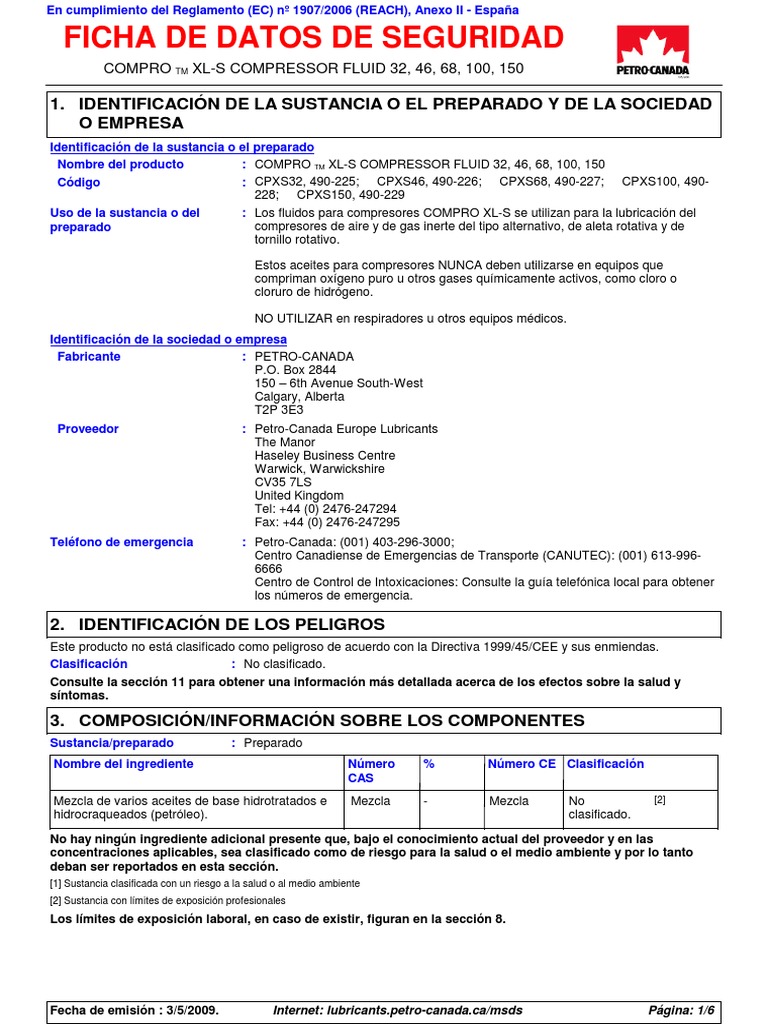 MSDS PTC Compro XLS Compressor Fluid PDF Residuos Contaminación