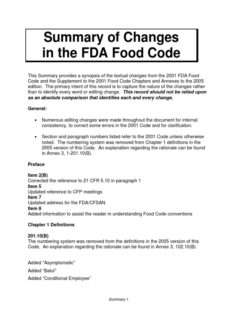 Summarry of Changes in FDA Food Code 2005 Hazard Analysis And Critical Control Points Foods
