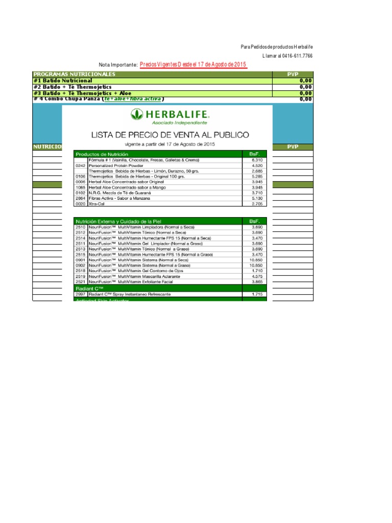 Lista de Precios Herbalife Venezuela