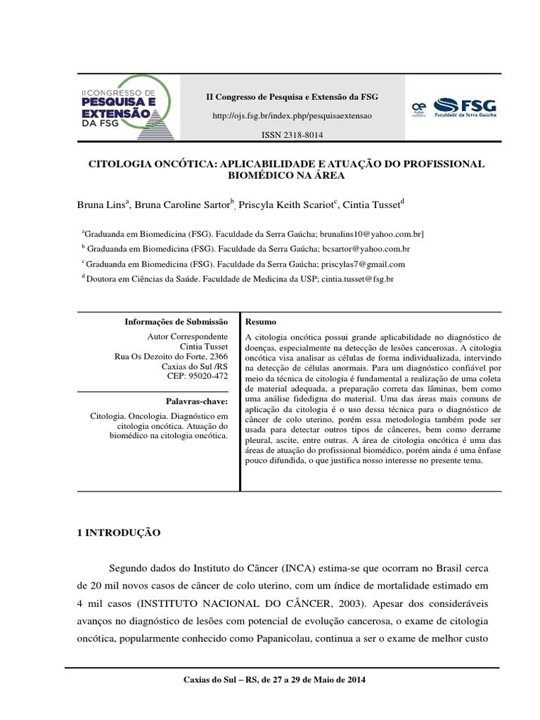 Citologia Oncótica e o Papel do Biomédico | PDF | Citopatologia ...