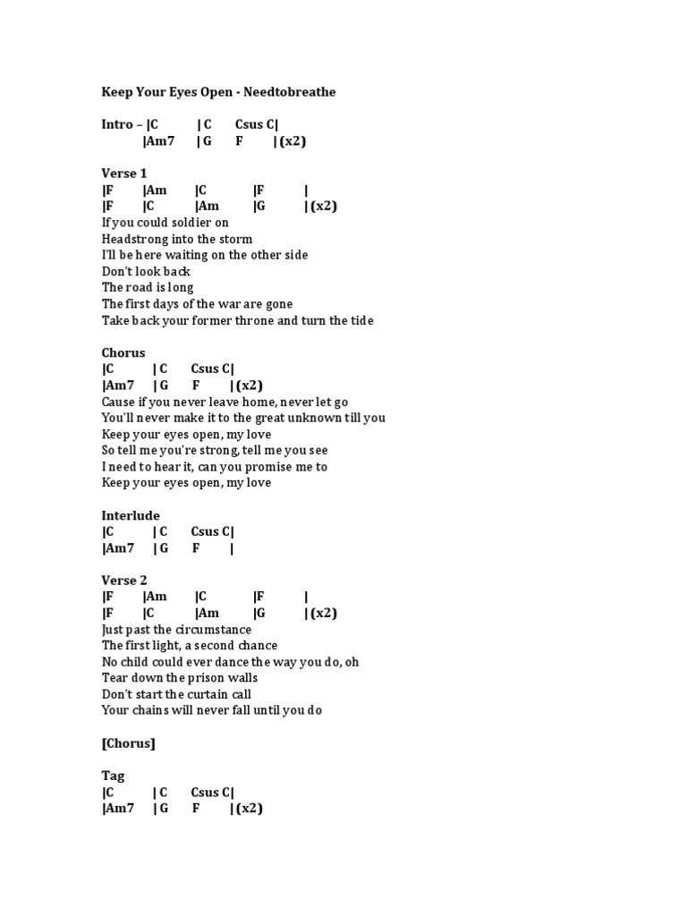 Keep Your Eyes Open Chord Chart PDF Song Structure Leisure