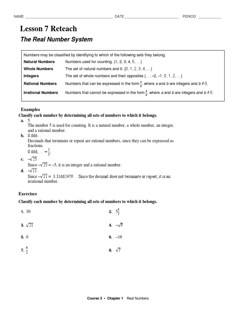 Reteach The Real Number System Numbers Rational Number