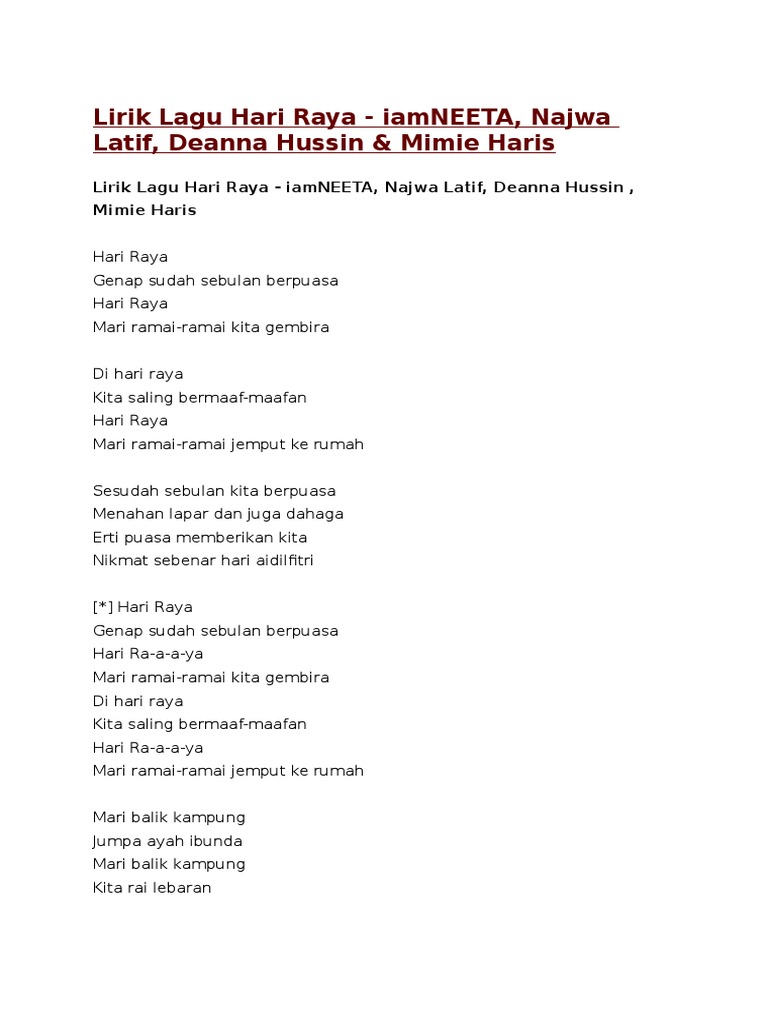 Lirik Lagu Hari Raya Iamneeta Najwa Latif Deanna Hussin Mimie Haris Pdf