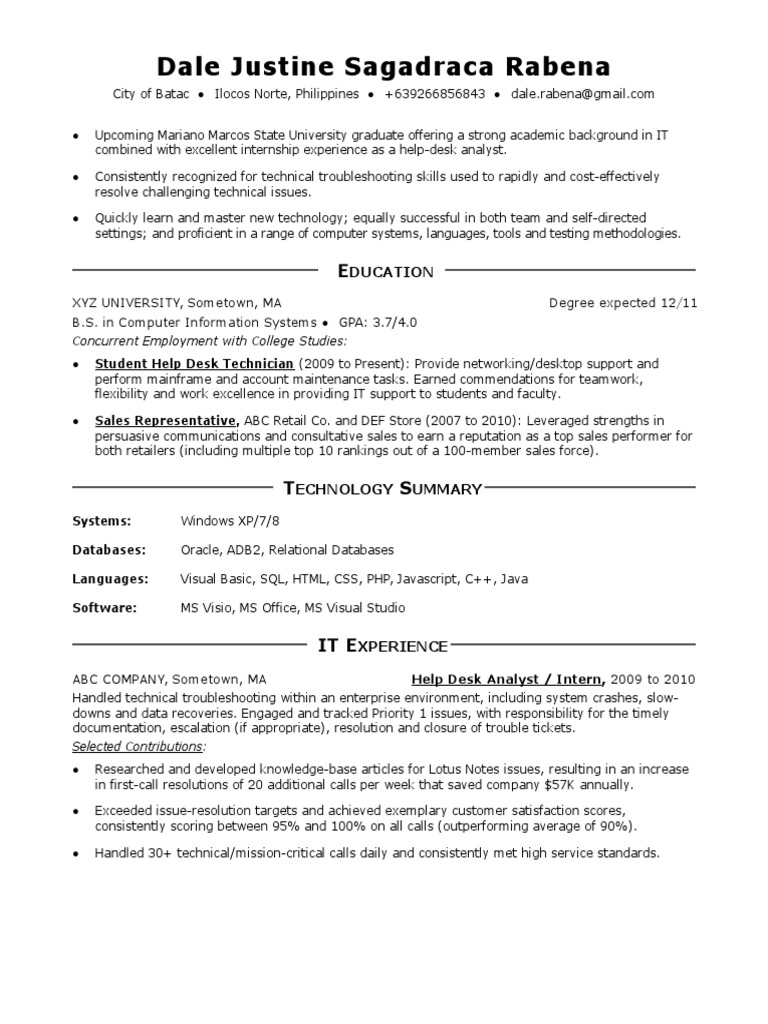 entry level help desk resume examples