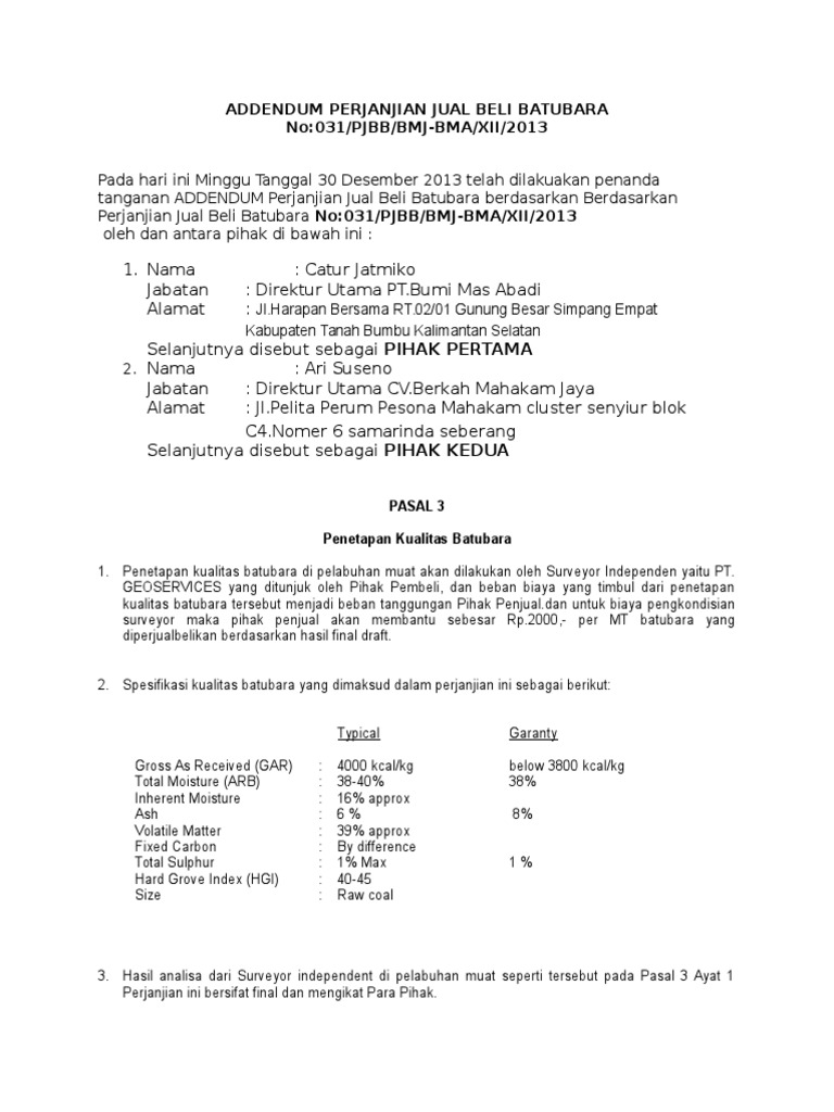 Addendum Jual Beli Batubara BMA | PDF | Sains & Matematika