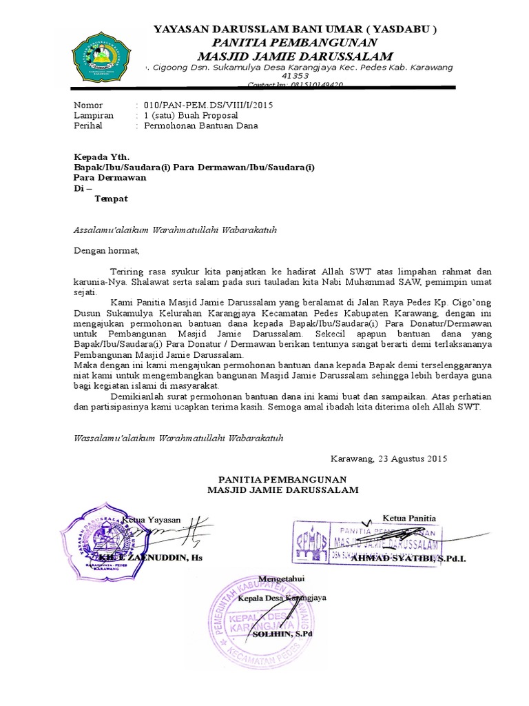  Contoh  Surat Permohonan Bantuan Dana Pembangunan  Masjid