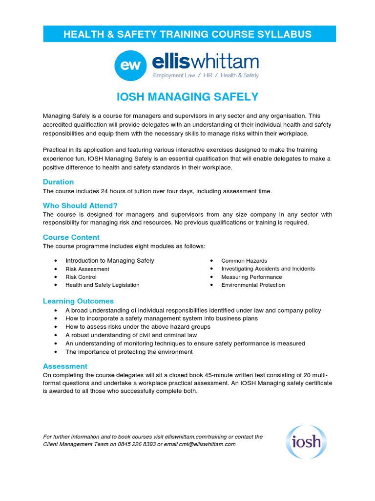 IOSH Managing Safely Training Syllabus PDF Occupational Safety And