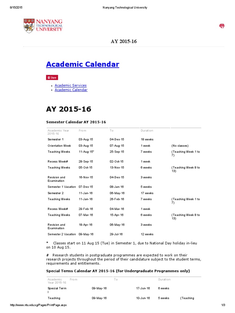 NTU Academic Calendar 2025/26 | PDF | Academic Term | Schools