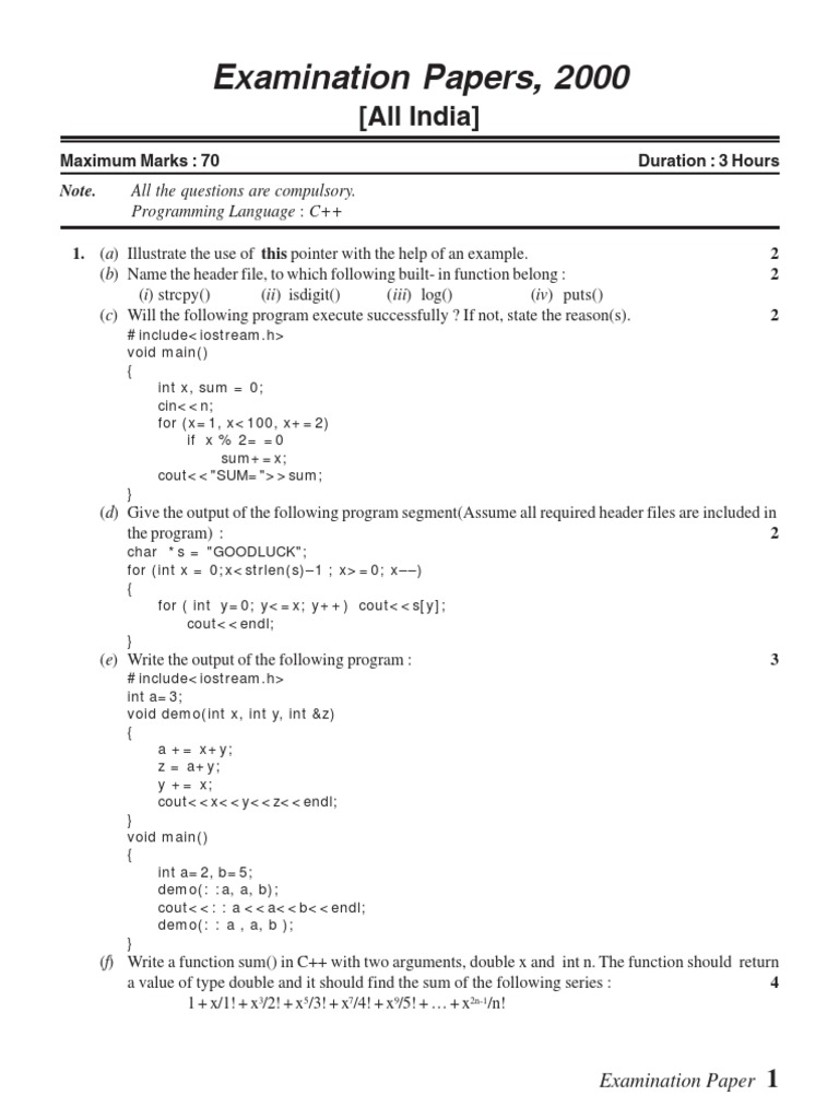 C++ Examination Paper 2000: All India | PDF | Network Topology | Array ...