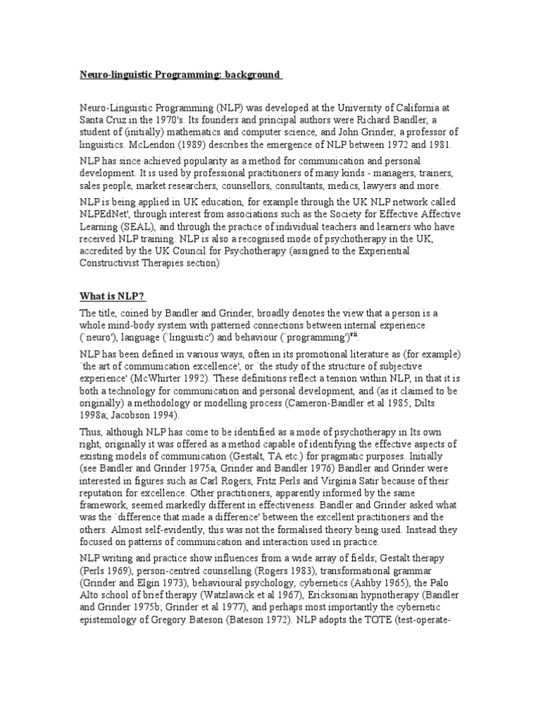 Overview of Neuro-Linguistic Programming | PDF | Neuro Linguistic ...