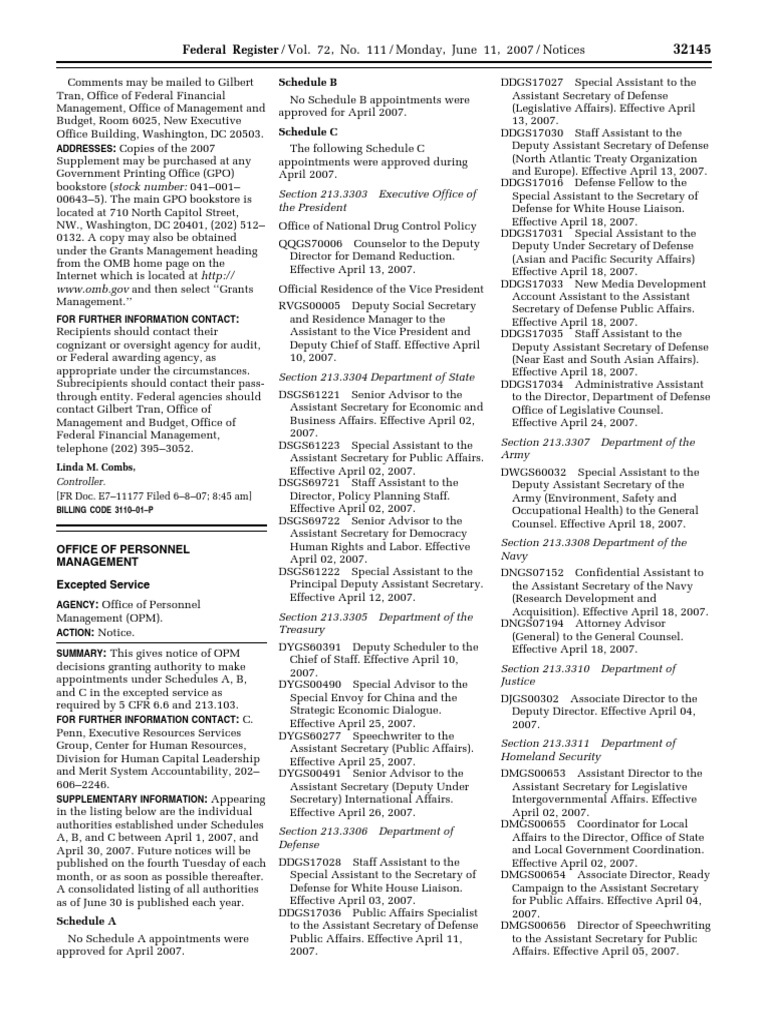 Notice: Excepted Service Positions Placed or Revoked | PDF | Secretary ...