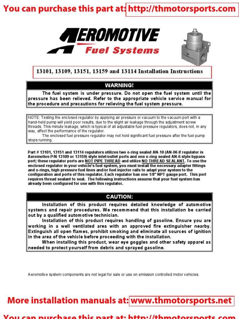 Aeromotive Installation Instruction Manual Part 13101 Contractual