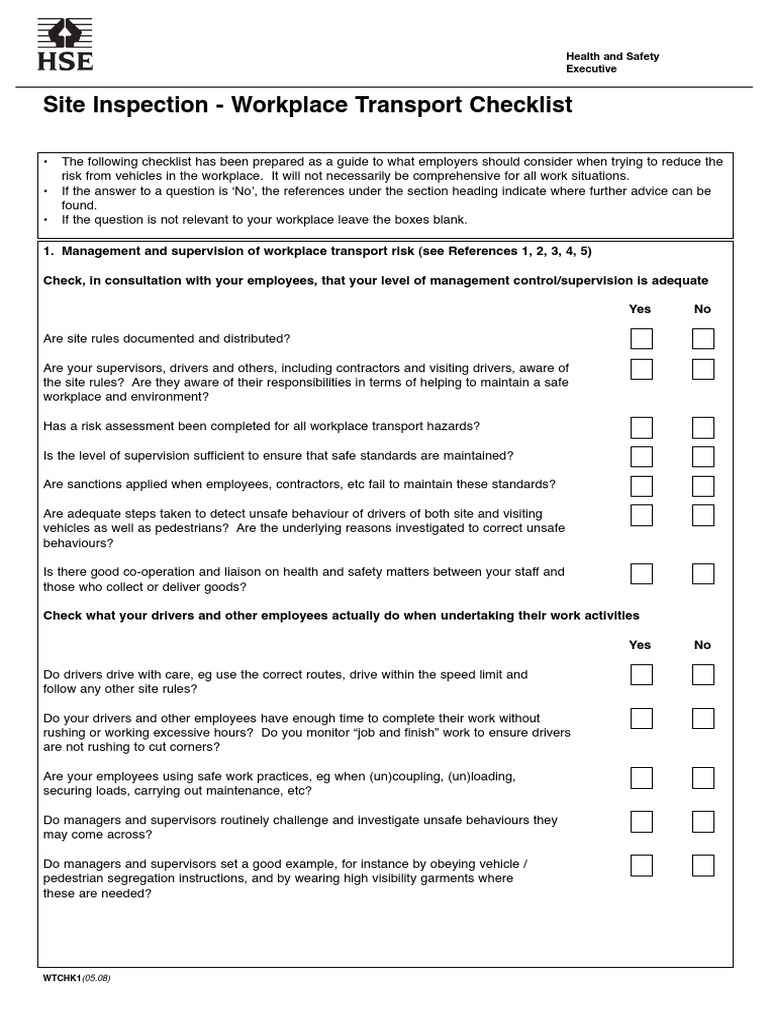 Site Inspection Workplace Trasport Checklist Traffic Vehicles