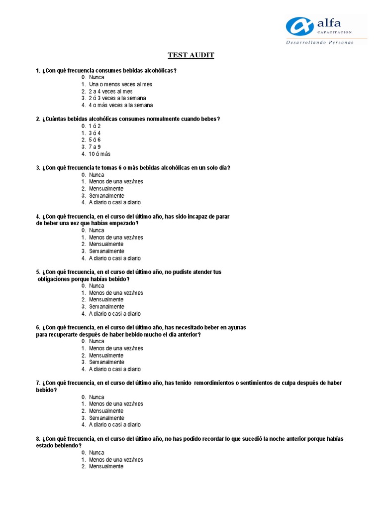 Test Audit Consumo Alcohol PDF Bienestar Medicina