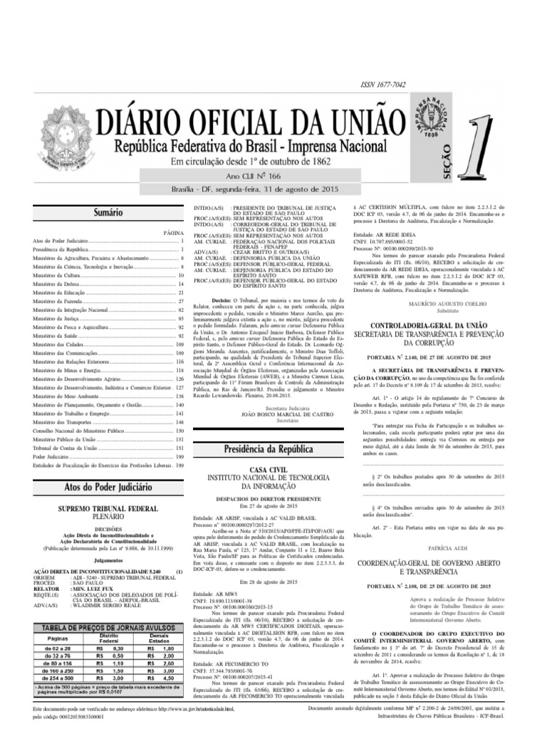 Diário Oficial Da União - Seção 1 Edição NR 166 de 31/08/2015 Pág. 1 ...
