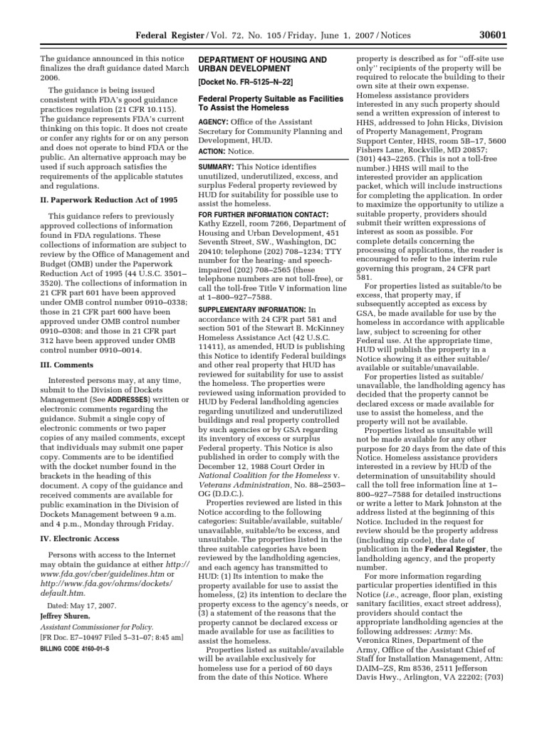 Notice Grants and Cooperative Agreements Availability, Etc. Homeless Assistance Excess and