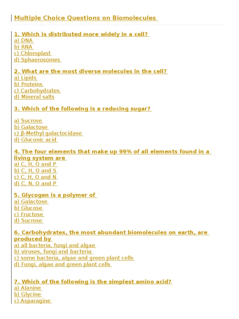 Mastering Biomolecules An Assessment of Key Properties and Functions through Multiple Choice