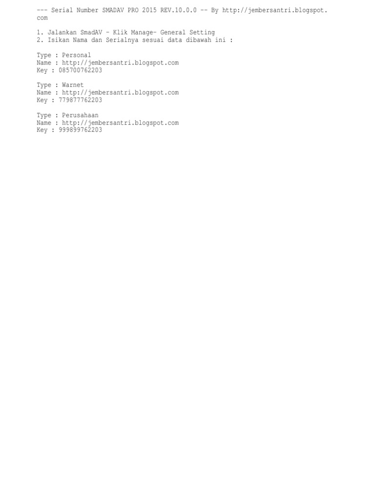 Serial Key Number Smadav Pro 2015 Rev 10 | PDF