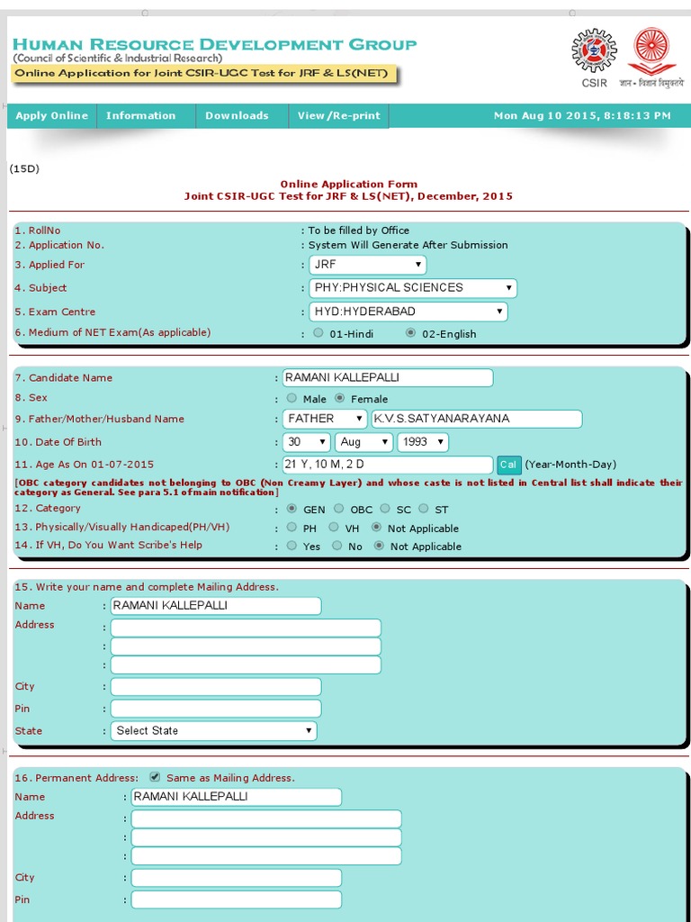 CSIR UGC NET JRF Application Form 2015 | PDF