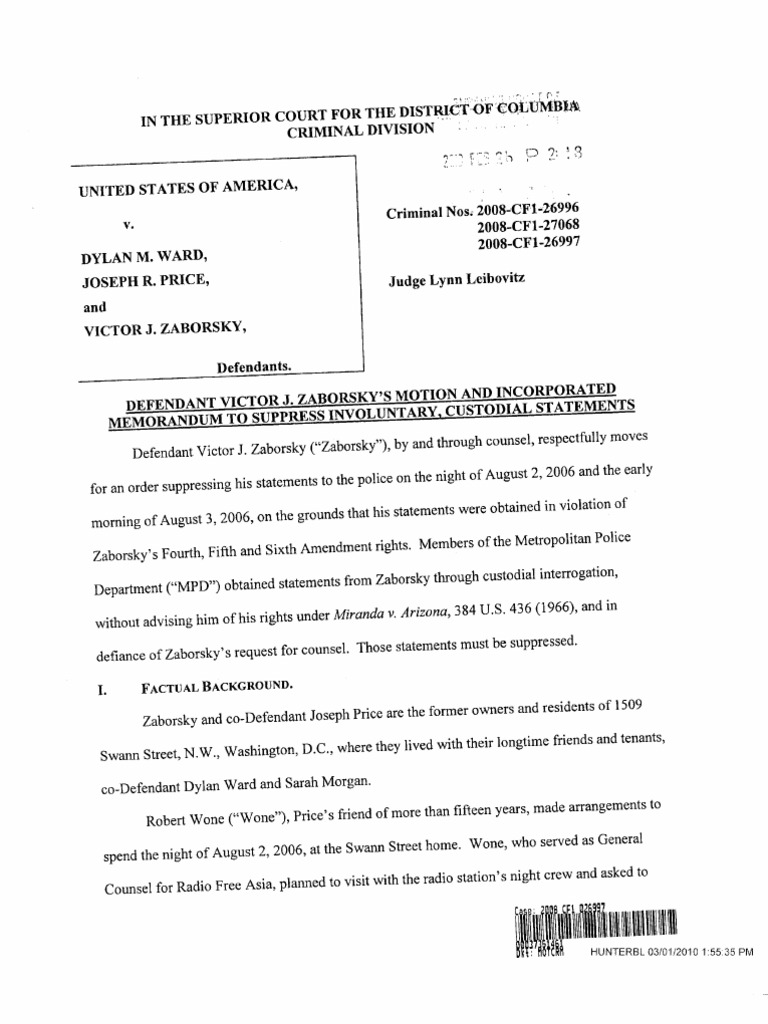 Victor Zaborsky's Motion To Suppress Statements PDF