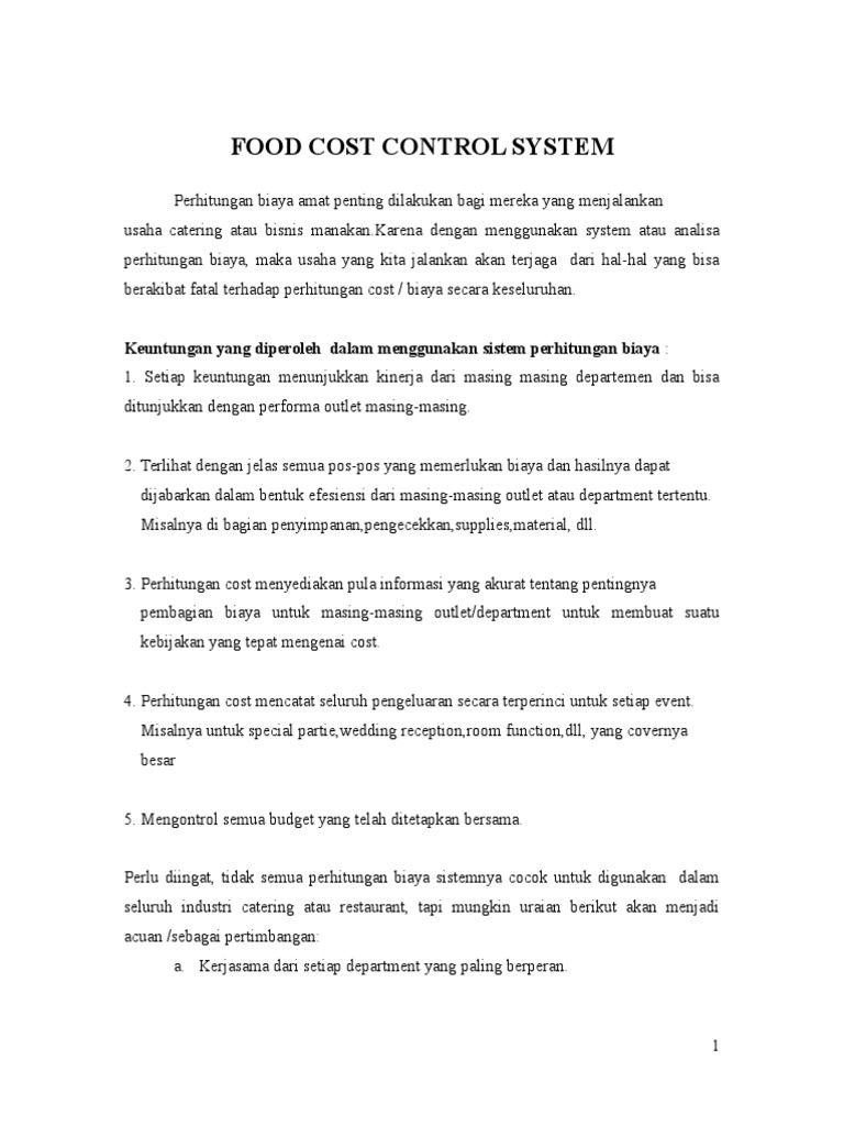 Food Cost Control System | PDF