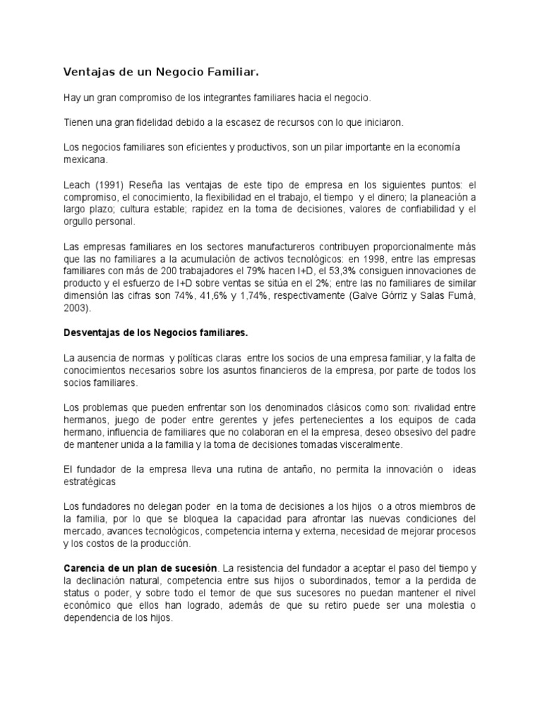 Ventajas y Desventajas de Negocios Familiares | PDF | Planificación ...
