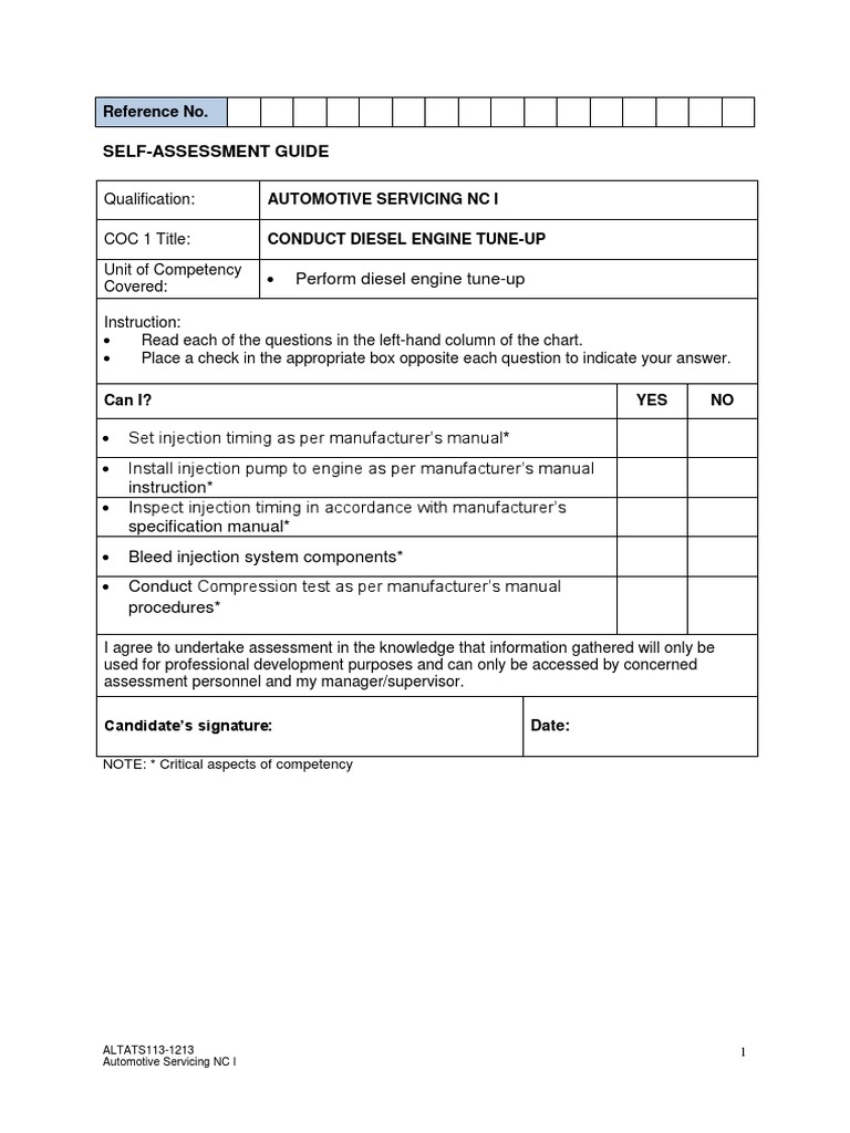 SelfAssessment Guides for Automotive Servicing NC I Qualification