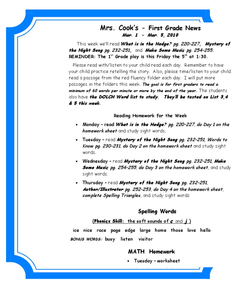 Mar. 1-5 2010 First Grade News | PDF | Language Arts & Discipline