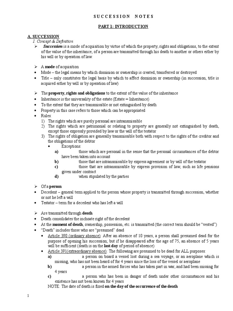 Succesion Notes | PDF | Will And Testament | Probate
