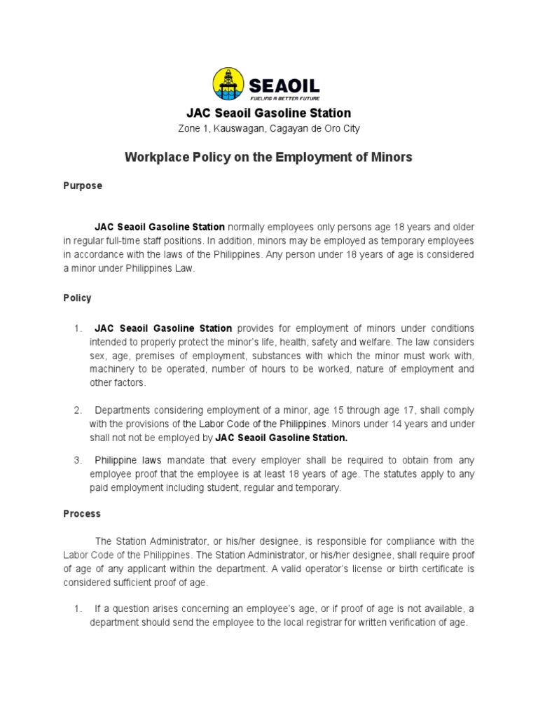 Employment Policy for Minors at Seaoil | PDF | Finance & Money Management