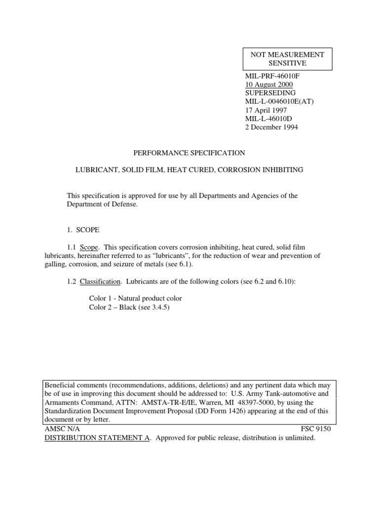 MilPrf46010f (Lubricant, Solid Film, Heat Cured, Corrosion Inhibiting