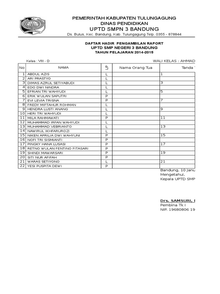 Daftar Hadir Pengambilan Rapor Xls Penerimaan Raport ini biasanya di hadiri oleh wali atau orang tua siswa masing2 dan dilaksanakan pada akhir semester 1 dan 2 dan untuk Pengambilan Raport dilaksanakan setelah raport ditandatangani oleh orang tua siswa dengan waktu yang sudah di.