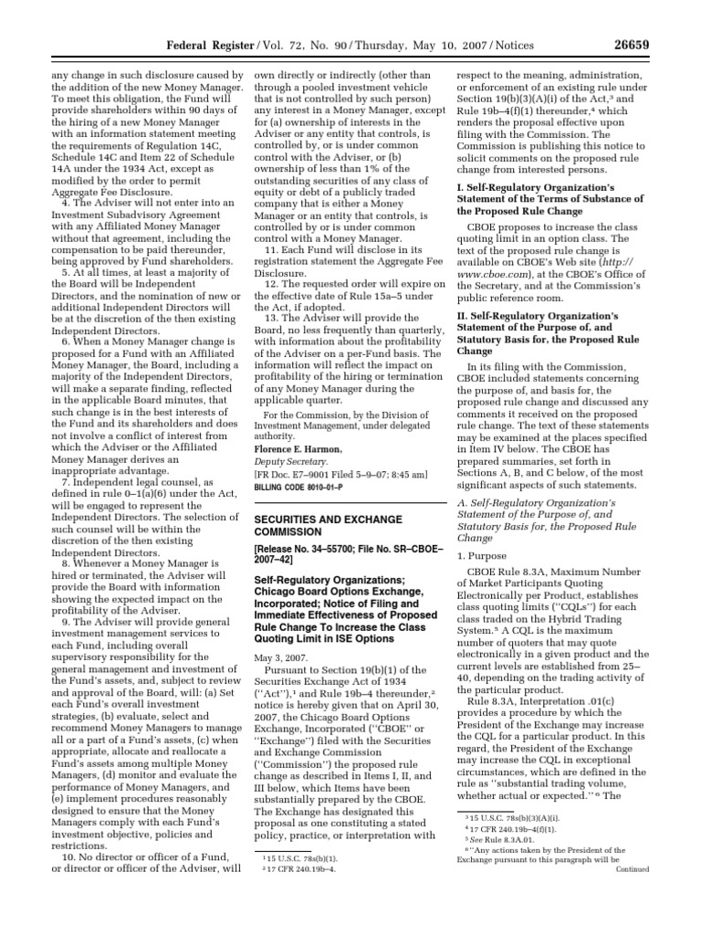 Notice Investment Company Act of 1940 Chicago Board Options Exchange