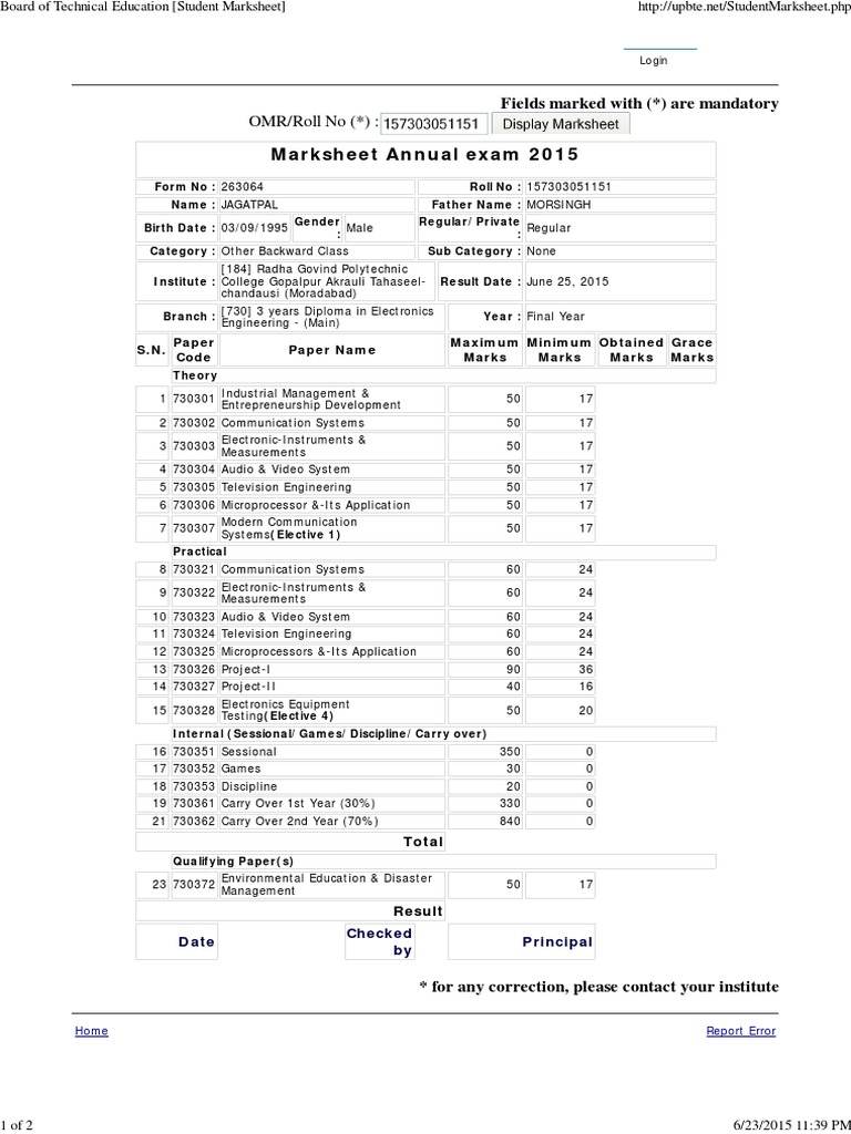 BTEUP Diploma Marksheet 2015 | PDF | Engineering | Learning