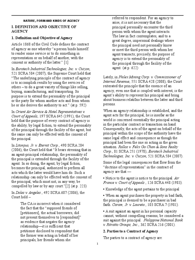 I. Definition and Objective of Agency 1. Definition and Objective of