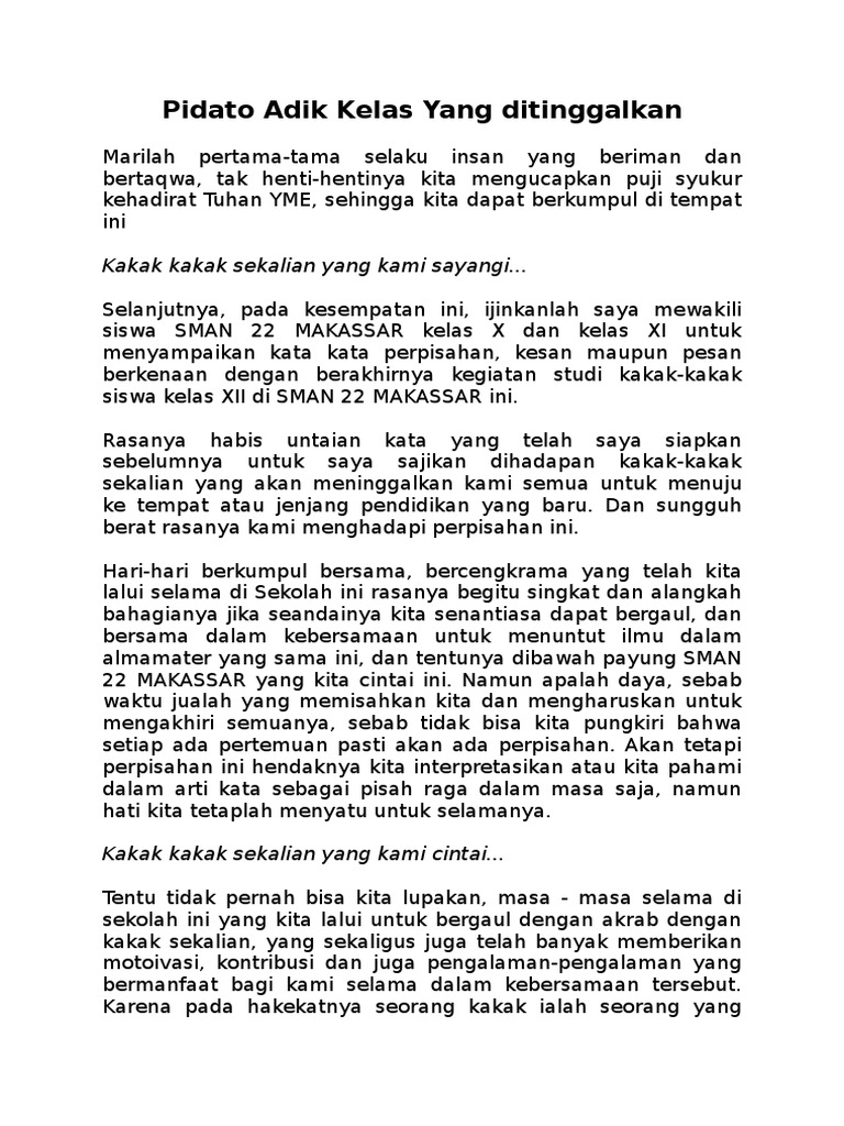 Pidato Adik Kelas Yang Ditinggalkan