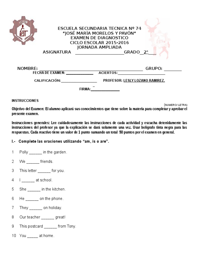 Examen de Inglés 2° Secundaria 2015-2016 | PDF