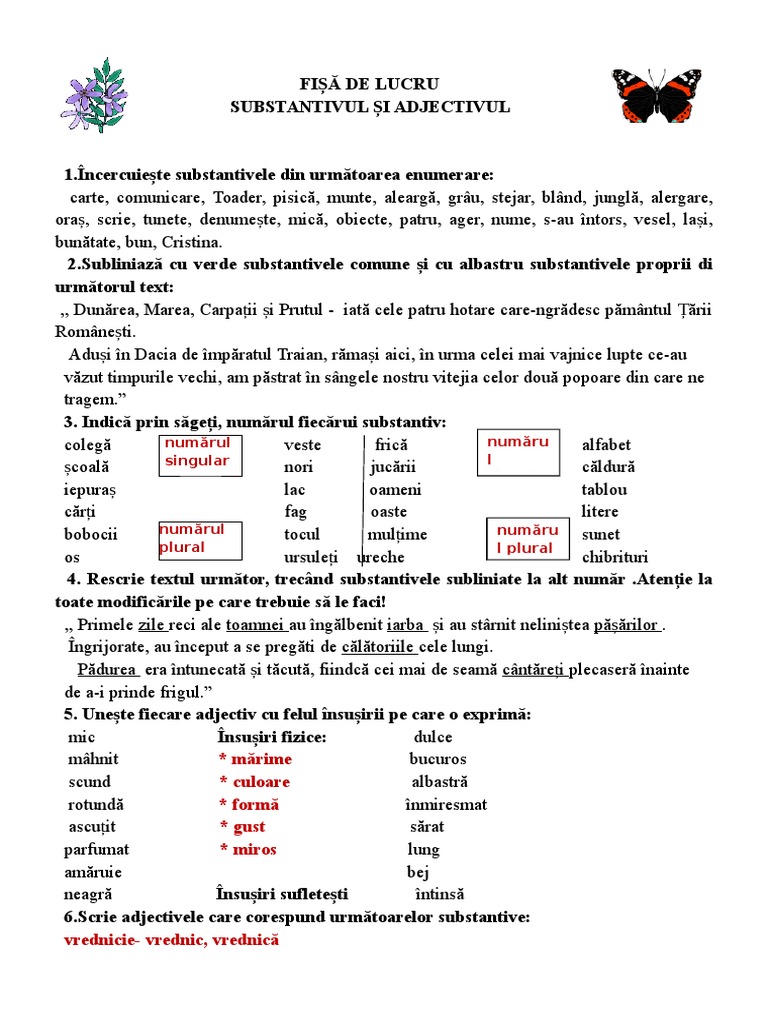 fisa de lucru substantivul si adjectivul clasa 4