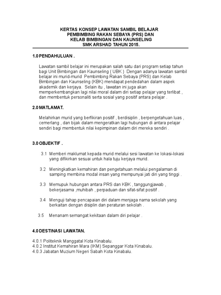 Kertas Konsep Lawatan Sambil Belajar Oleh Pelajar Unit Bimbingan Dan Kaunseling Pdf