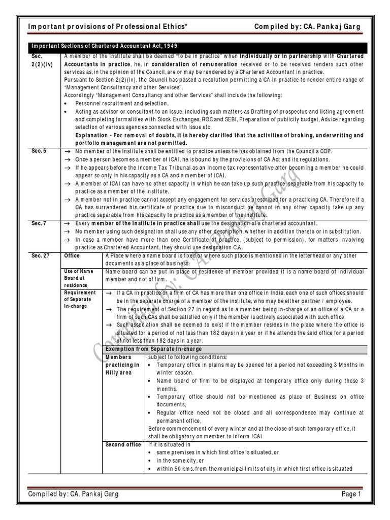 CA Final Summary Notes of Professional Ethics | PDF | Business