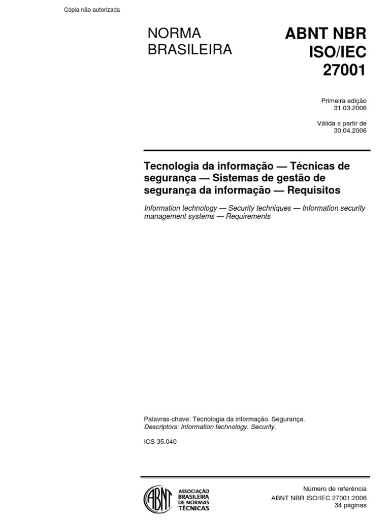 Norma ABNT NBR ISO/IEC 27001:2006 | PDF | Segurança da informação ...