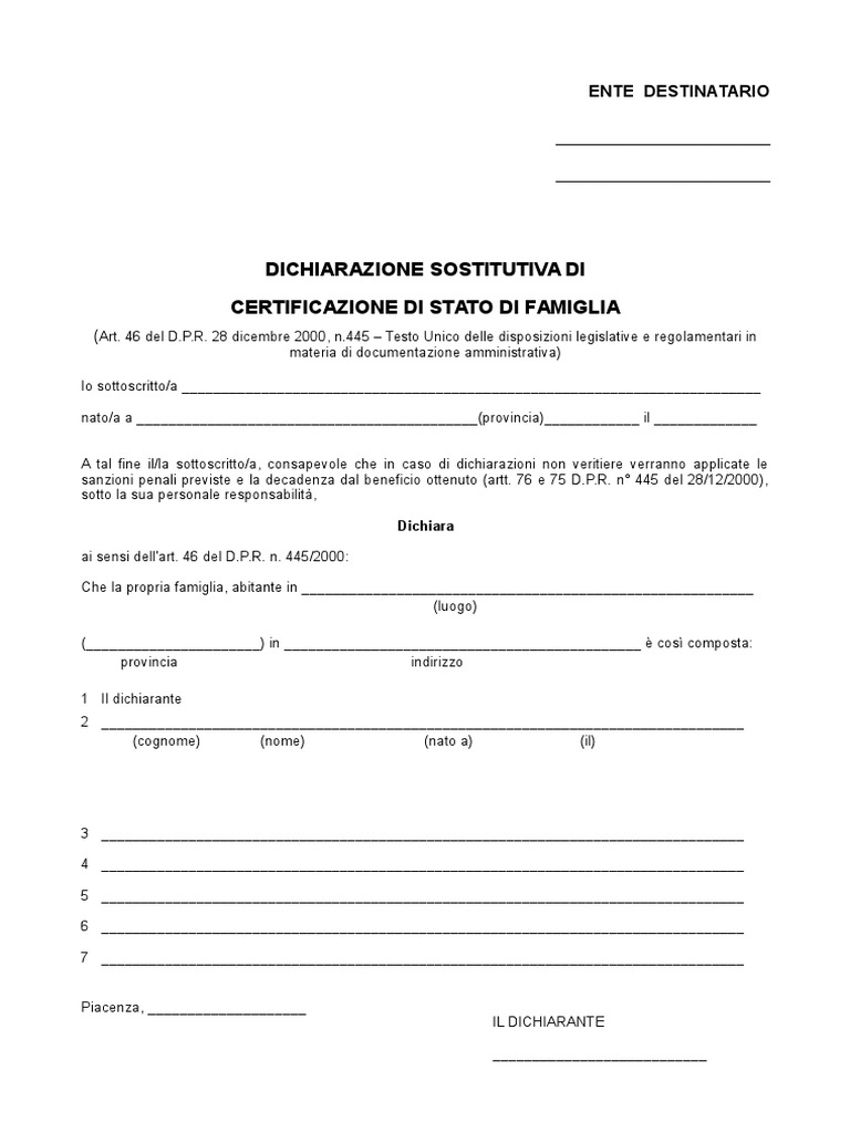 Dichiarazione Sostitutiva Di Certificazione Di Stato Di Famiglia