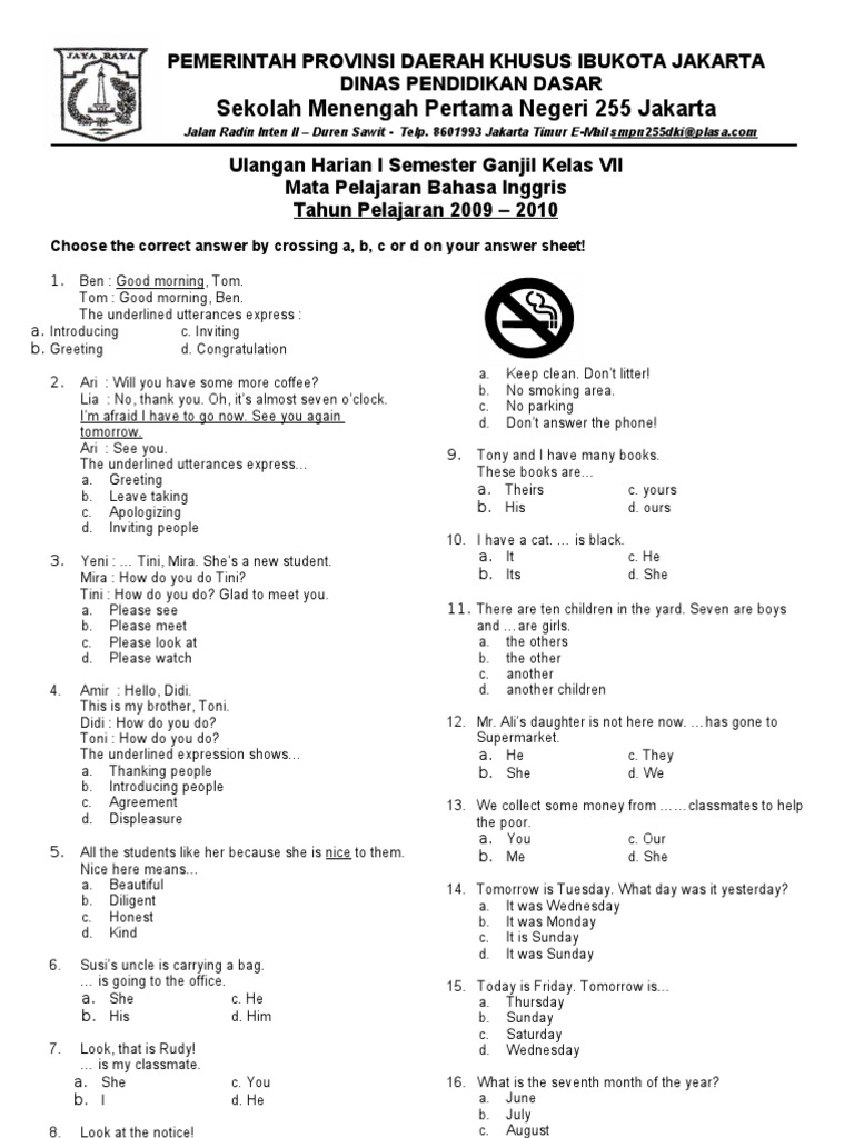 Contoh Soal Bhs Inggris Kls 7 Greeting Parting Thanking Apologizing