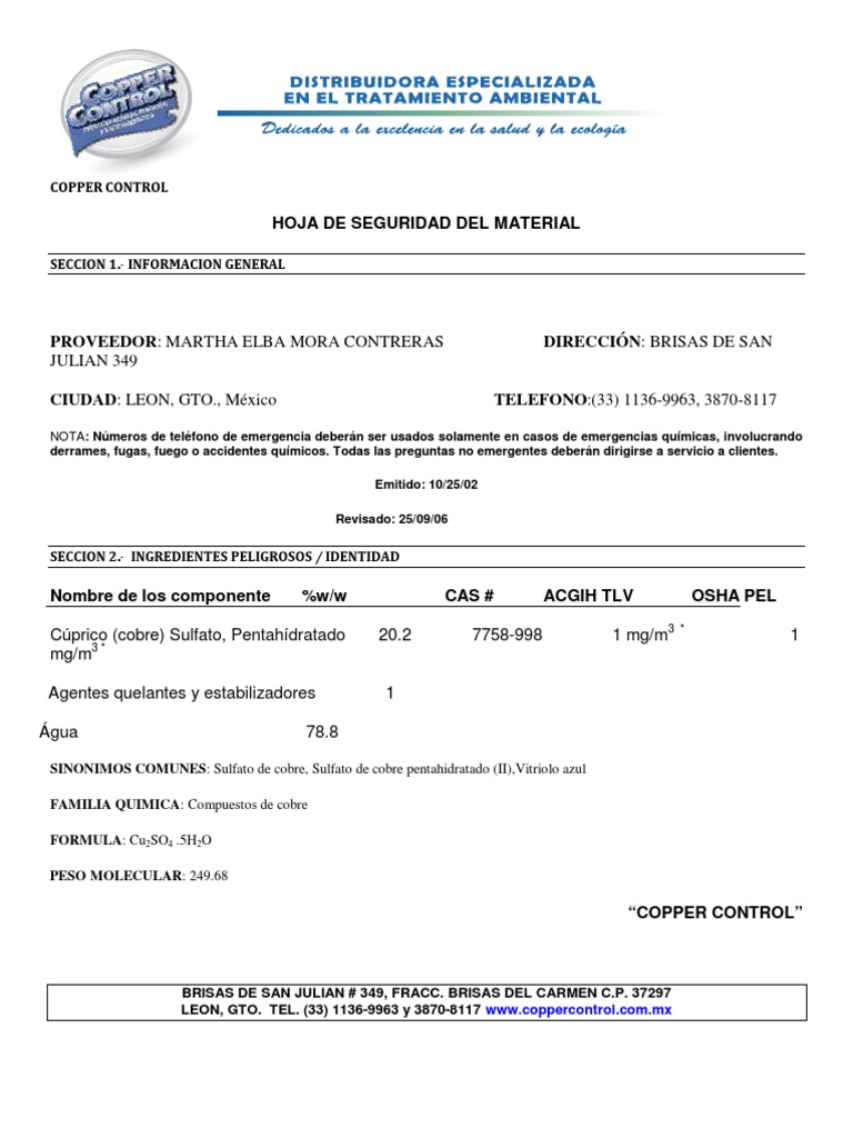 Ficha Tecnica Copper PDF Mercurio (Elemento) Agua
