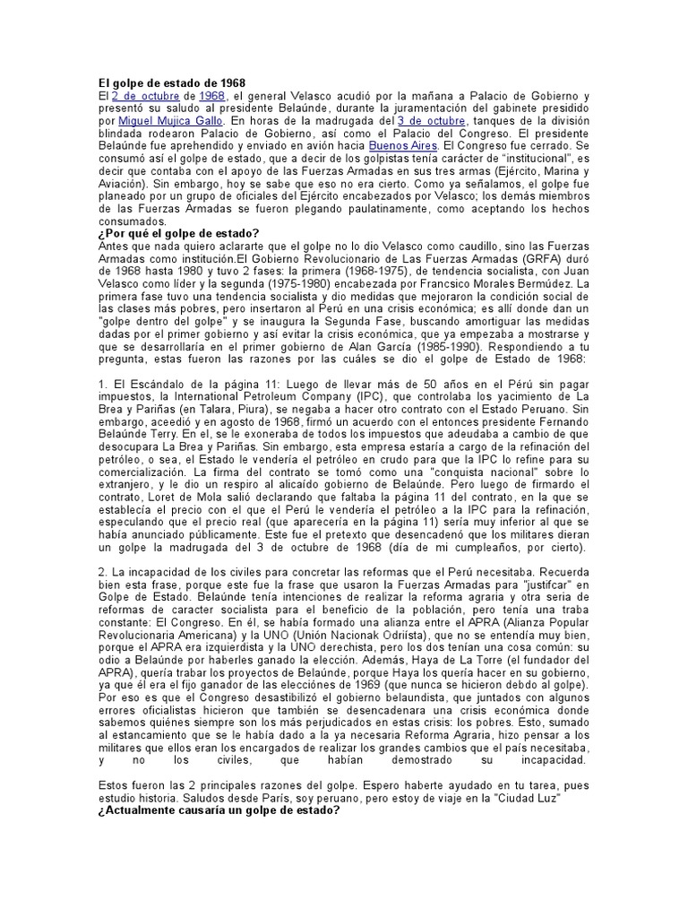 El Golpe de Estado de 1968 PDF Perú Política (general)