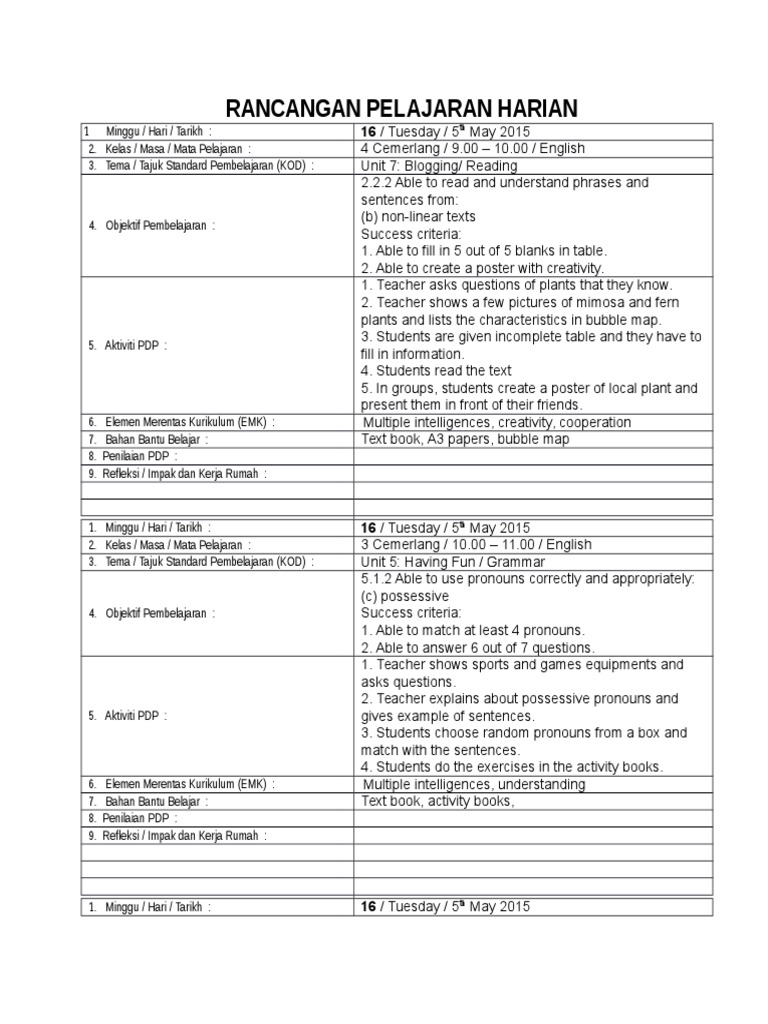 Contoh Lesson Plan Mudah Bahasa Inggeris Question