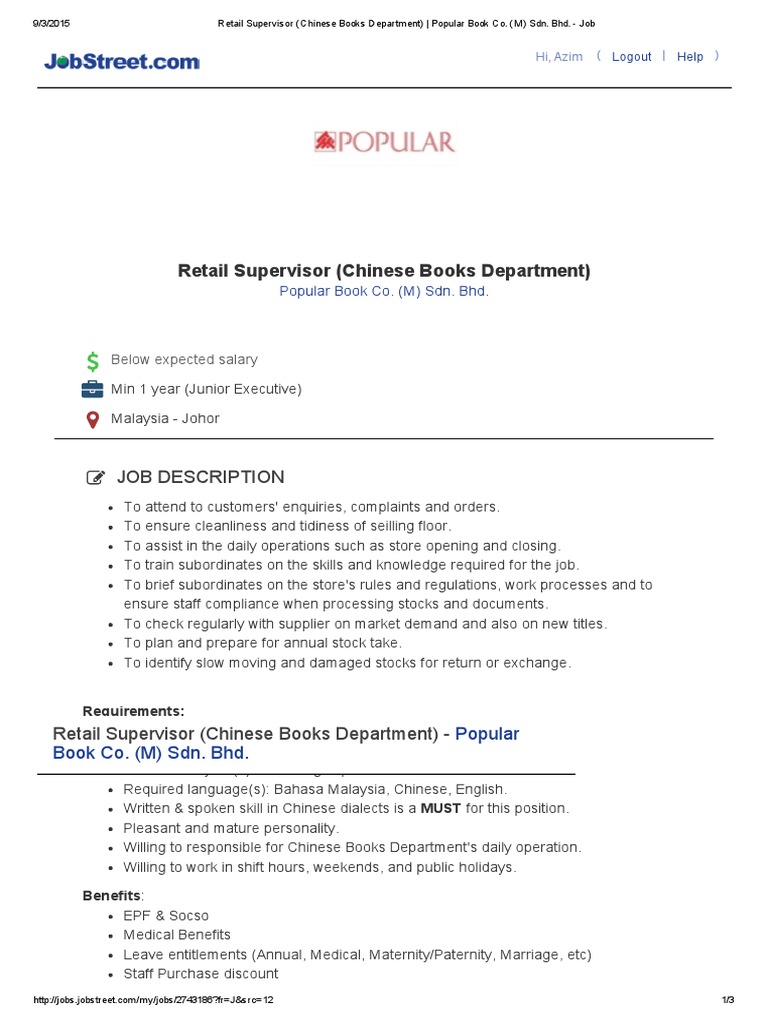 Retail Supervisor (Chinese Books Department) - Popular Book Co. (M) Sdn ...