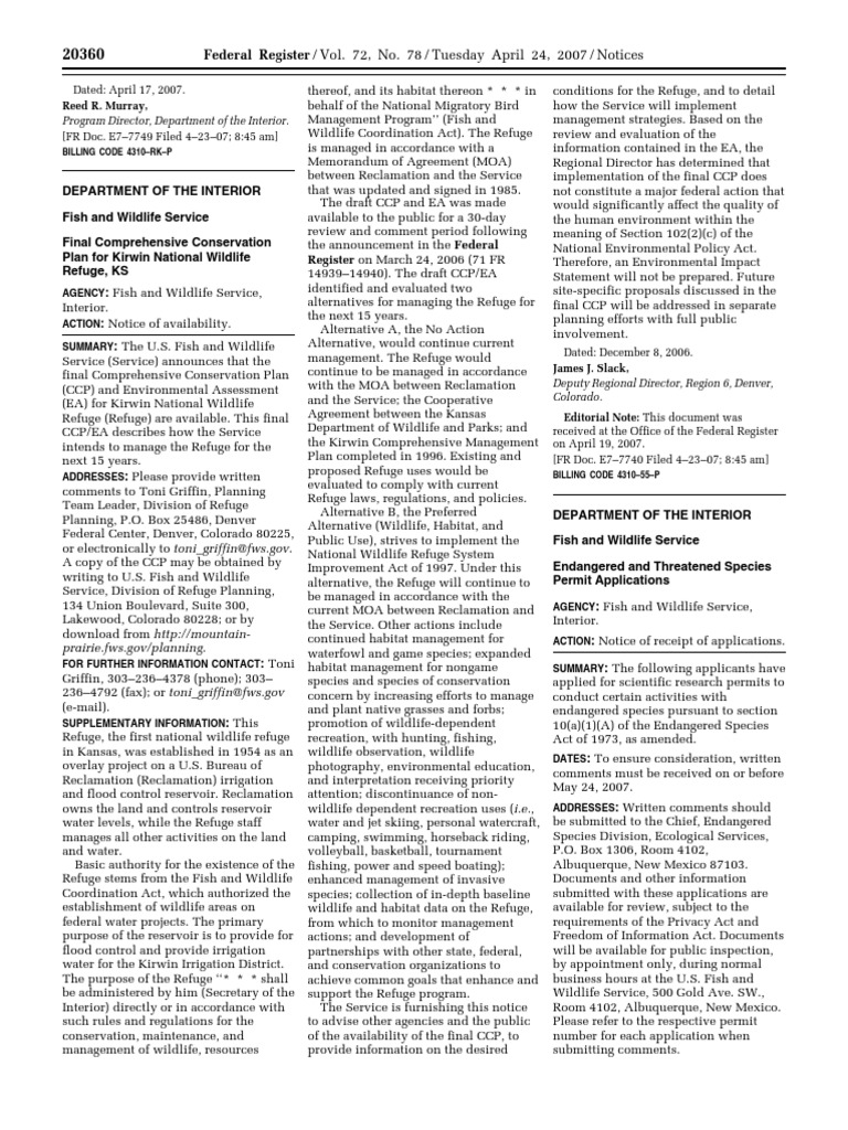 Notice Comprehensive Conservation Plans Availability, Etc. Kirwin